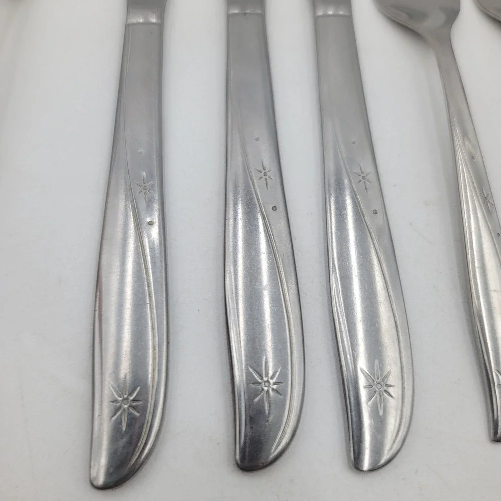 8pc Oneida Community Twin Star Stainless Flatware Set MCM Starburst Atomic